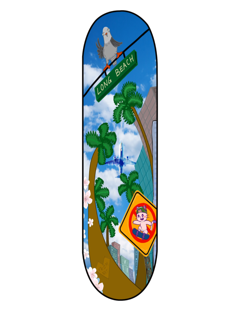Colorful skateboard deck with palm trees and a street sign against a blue sky.