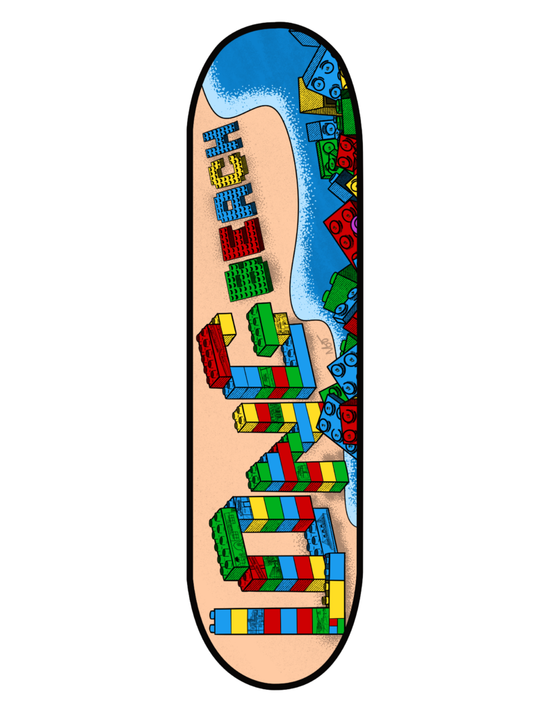 Colorful building blocks arranged on a wooden board with letters.