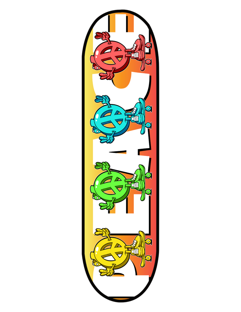 Colorful skateboards with turtle designs lined up vertically.