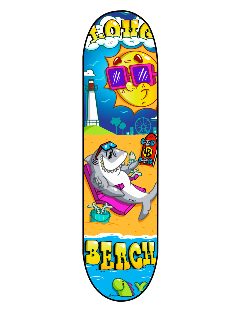 Colorful beach-themed skateboard deck with a cool shark and sun.
